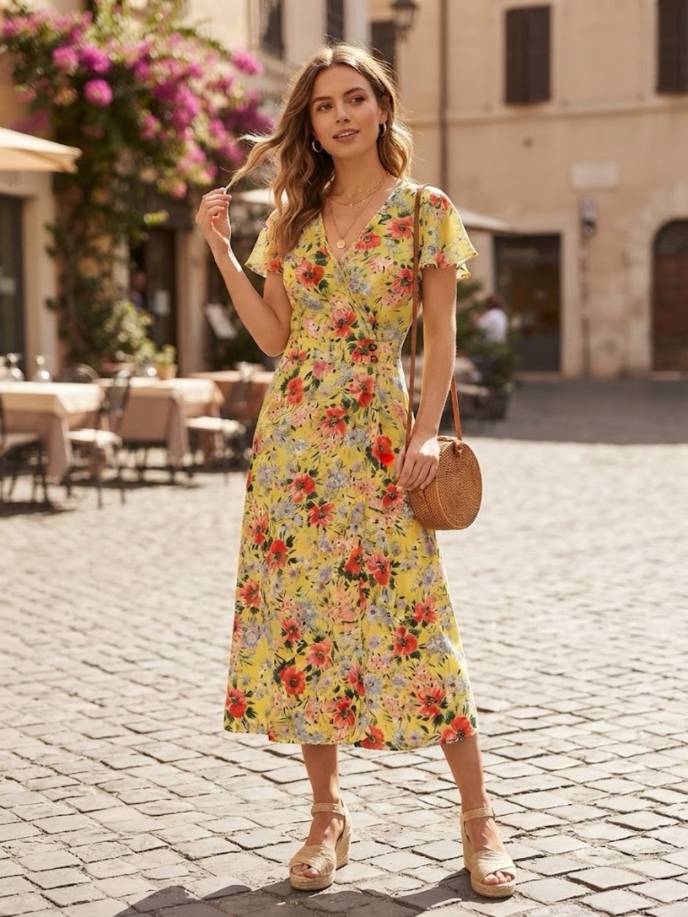 Sienna Sky Yellow Red Floral Flutter Sleeve Wrap-Style Midi Dress Cottagecore M